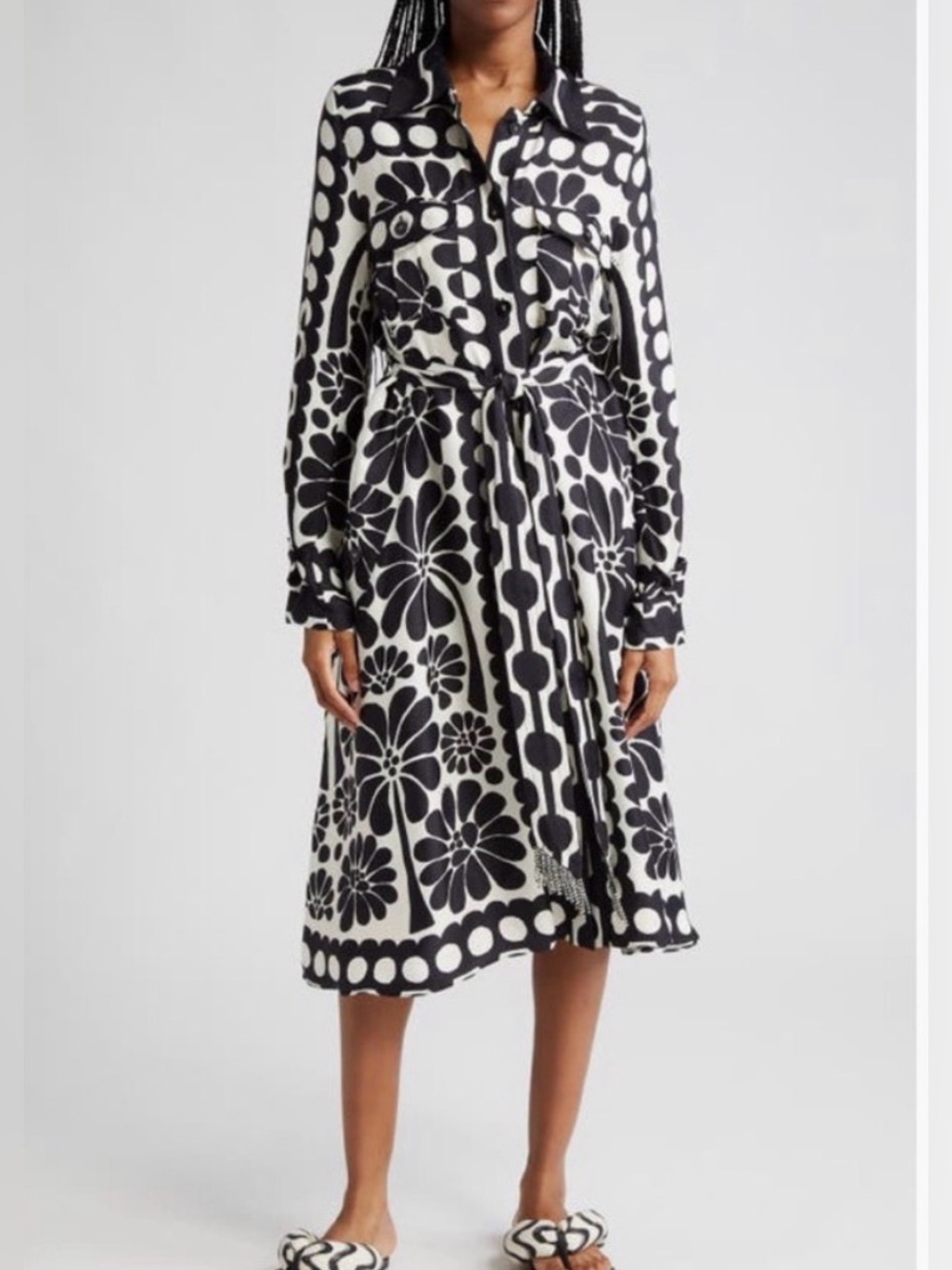 Farm Rio Palermo Long Sleeve black white print front buttons midi dress size S